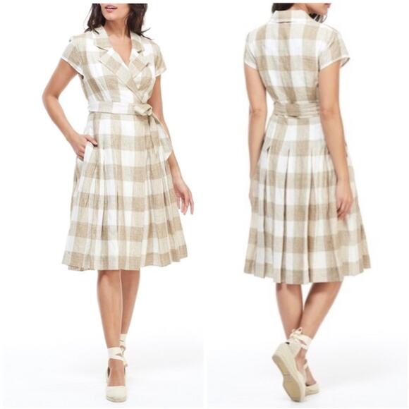 Gal Meets Glam Gayle Checkered Linen Wrap Dress - Picture 1 of 16